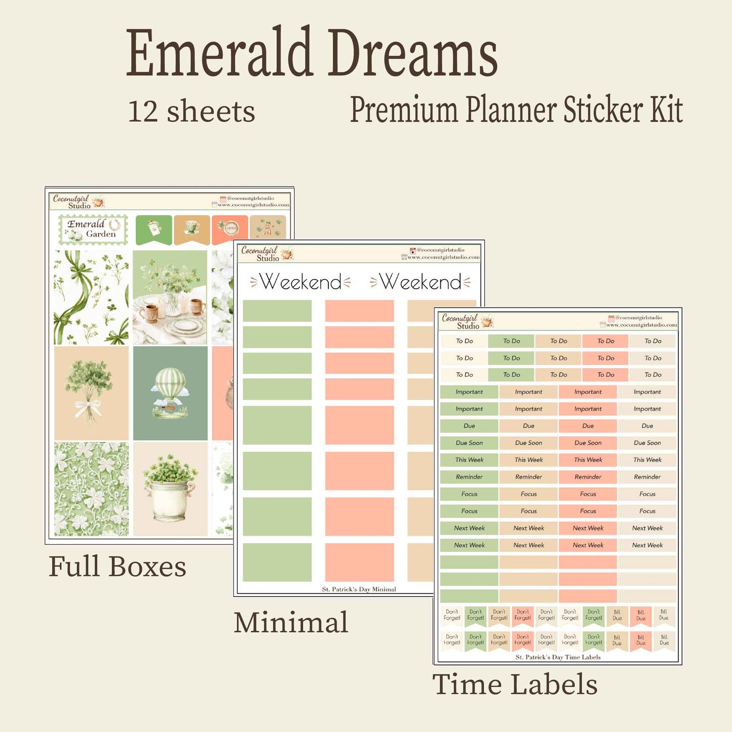 St. Patrick's Day Emerald Dreams Premium Planner Sticker Kit - 12 Sheets - Vintage Green & Botanical Aesthetic