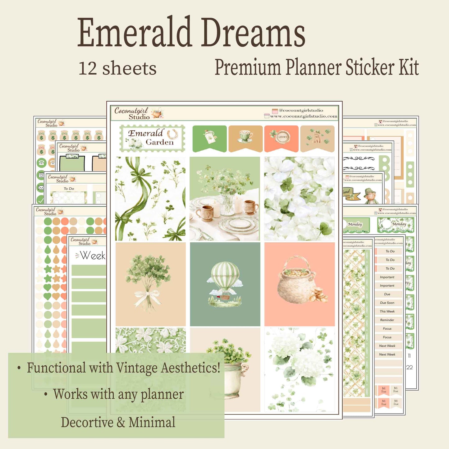 St. Patrick's Day Emerald Dreams Premium Planner Sticker Kit - 12 Sheets - Vintage Green & Botanical Aesthetic