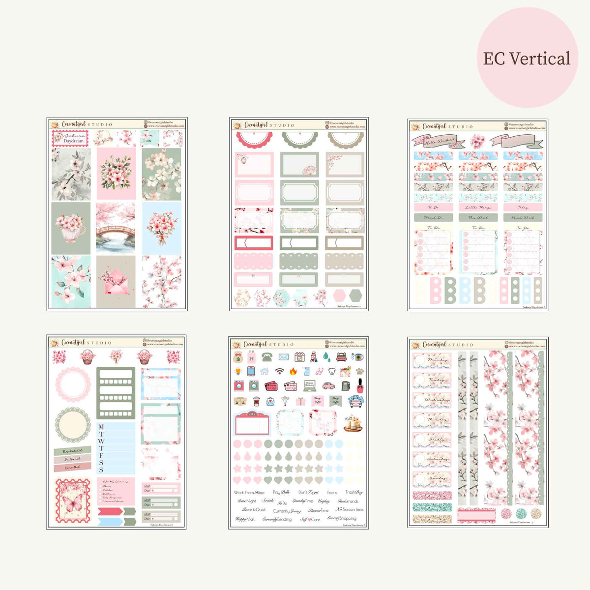 Sakura Daydream Cherry Blossom Planner Sticker Kit | EC Vertical, Happy Planner & Hobonichi