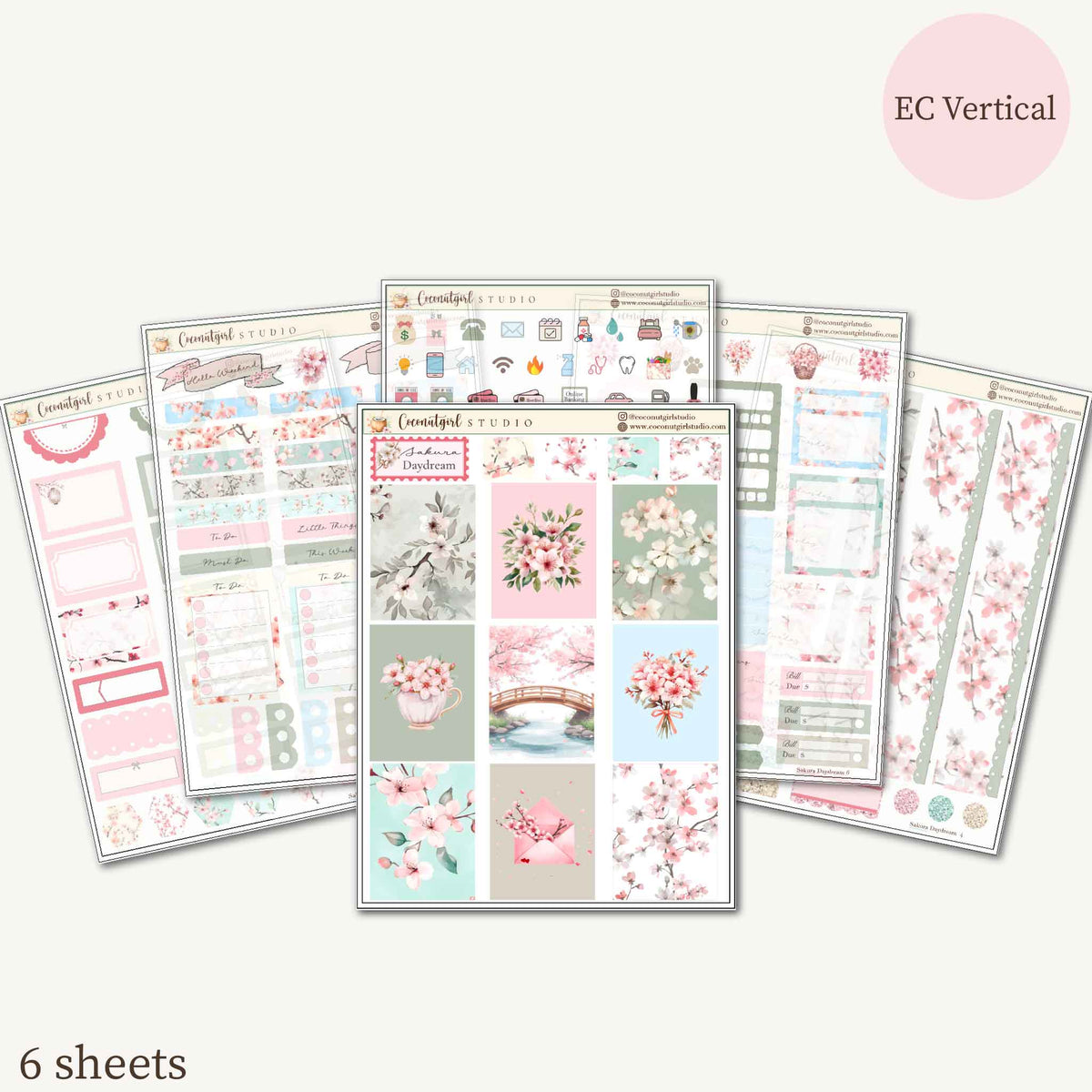 Sakura Daydream Cherry Blossom Planner Sticker Kit | EC Vertical, Happy Planner & Hobonichi
