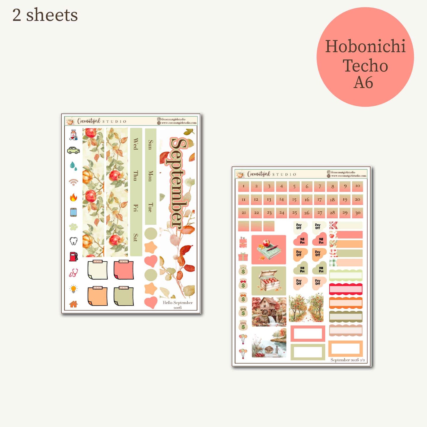 September 2026 Monthly Overview Planner Stickers | EC Vertical, Hobonichi Cousin, Weeks & A6 Techo | Cozy Fall Apples