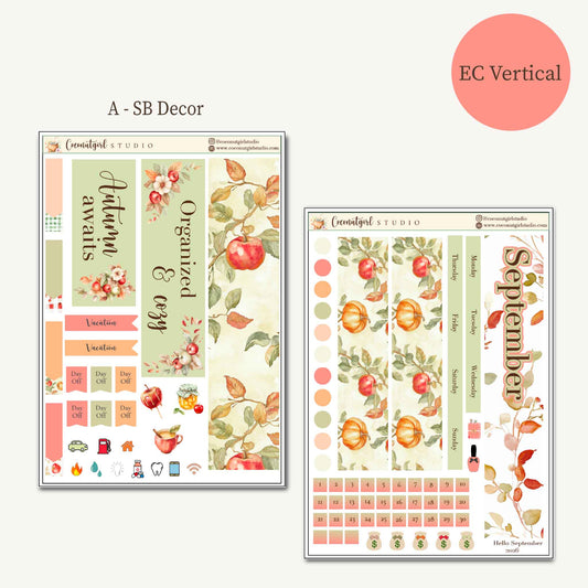 September 2026 Monthly Overview Planner Stickers | EC Vertical, Hobonichi Cousin, Weeks & A6 Techo | Cozy Fall Apples