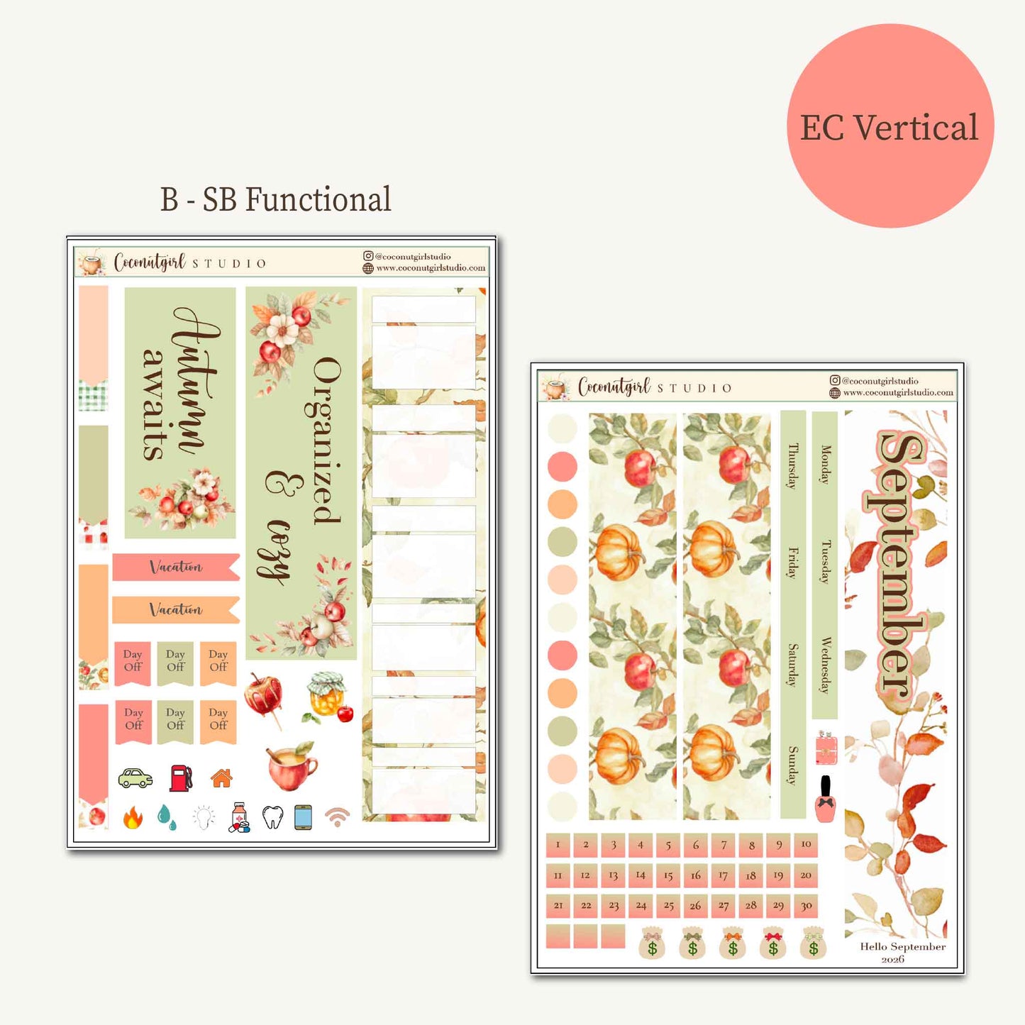 September 2026 Monthly Overview Planner Stickers | EC Vertical, Hobonichi Cousin, Weeks & A6 Techo | Cozy Fall Apples