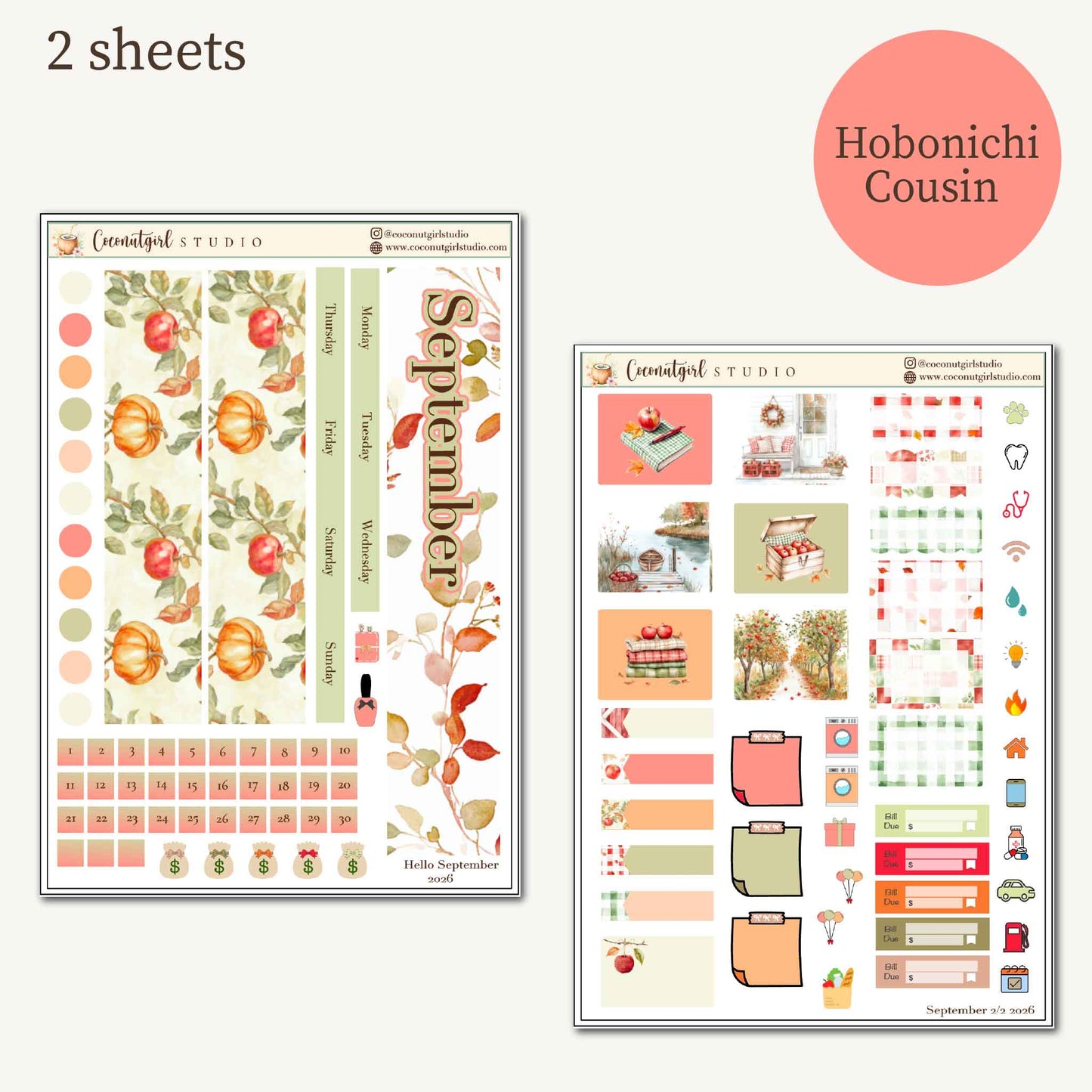 September 2026 Monthly Overview Planner Stickers | EC Vertical, Hobonichi Cousin, Weeks & A6 Techo | Cozy Fall Apples