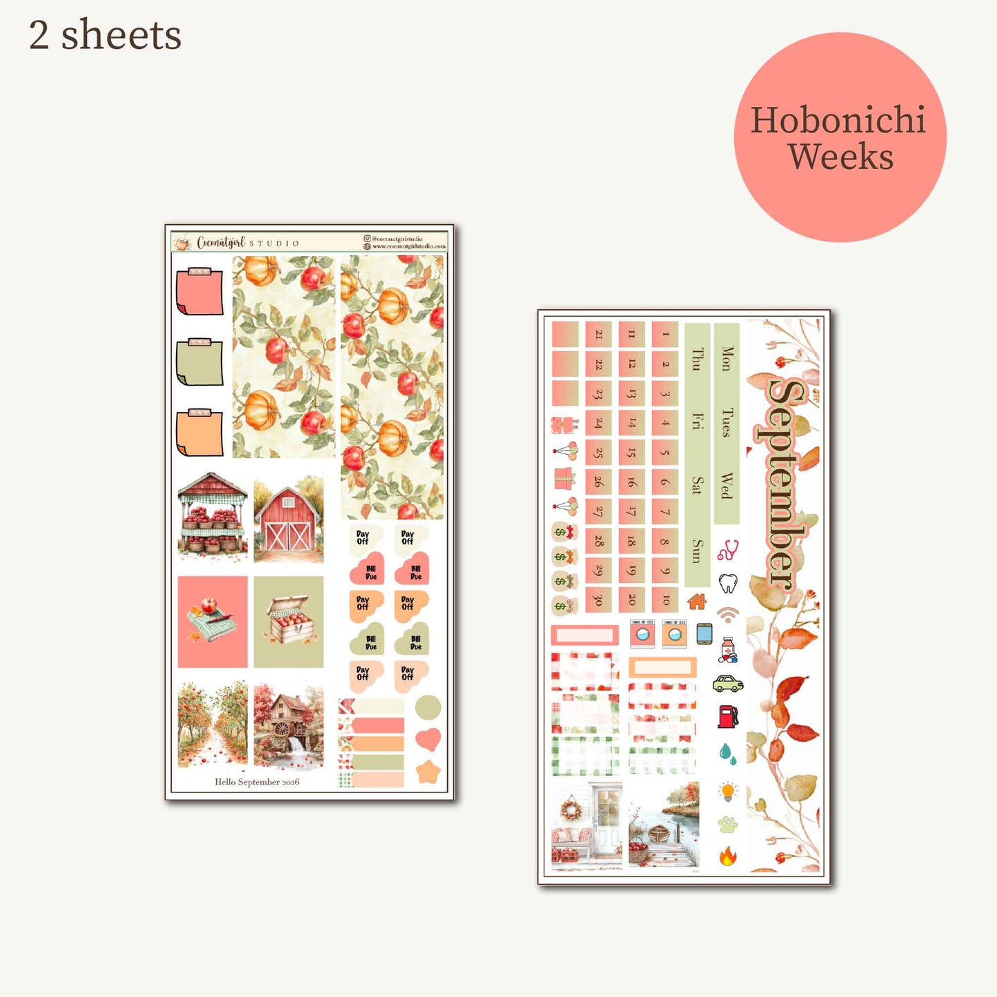 September 2026 Monthly Overview Planner Stickers | EC Vertical, Hobonichi Cousin, Weeks & A6 Techo | Cozy Fall Apples