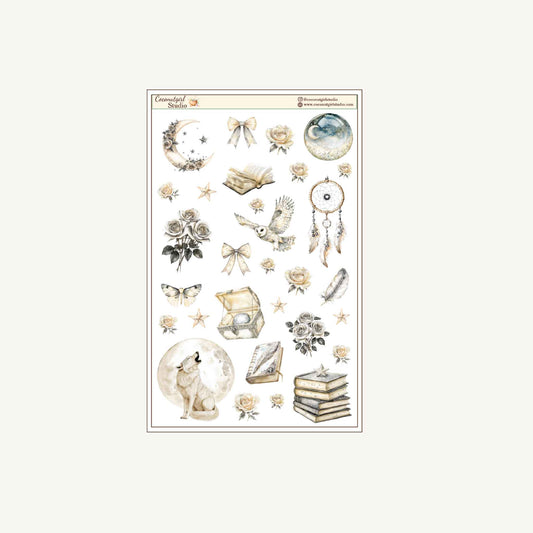 Neutral Aesthetic Clear Sticker Sheet – Celestial, Books & Floral Planner Stickers Starlit Serenade