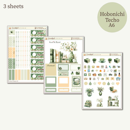 Verdant Whispers Weekly Planner Sticker Kit | Hobonichi Techo A6 | Green Botanical Cottagecore Stickers