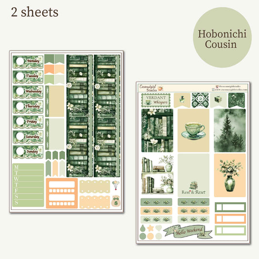 Verdant Whispers Weekly Planner Sticker Kit | Hobonichi Cousin | Green Botanical Cottagecore Stickers