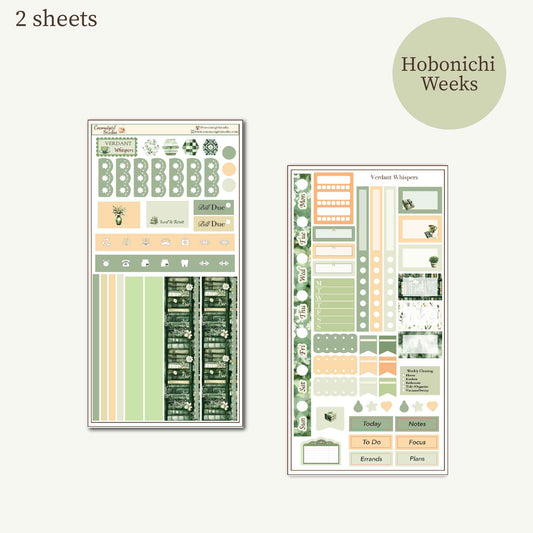Verdant Whispers Weekly Planner Sticker Kit | Hobonichi Weeks | Green Botanical Cottagecore Stickers