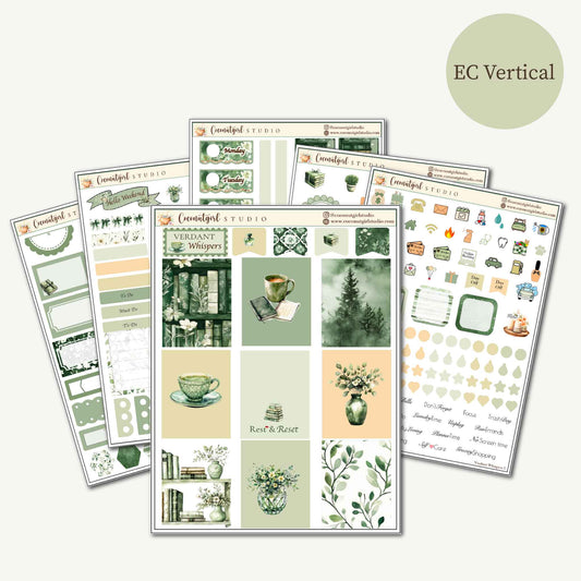 Verdant Whispers Weekly Planner Sticker Kit | EC Vertical, Happy Planner, Hobonichi Cousin, Weeks & Techo | Green Botanical Cottagecore Stickers