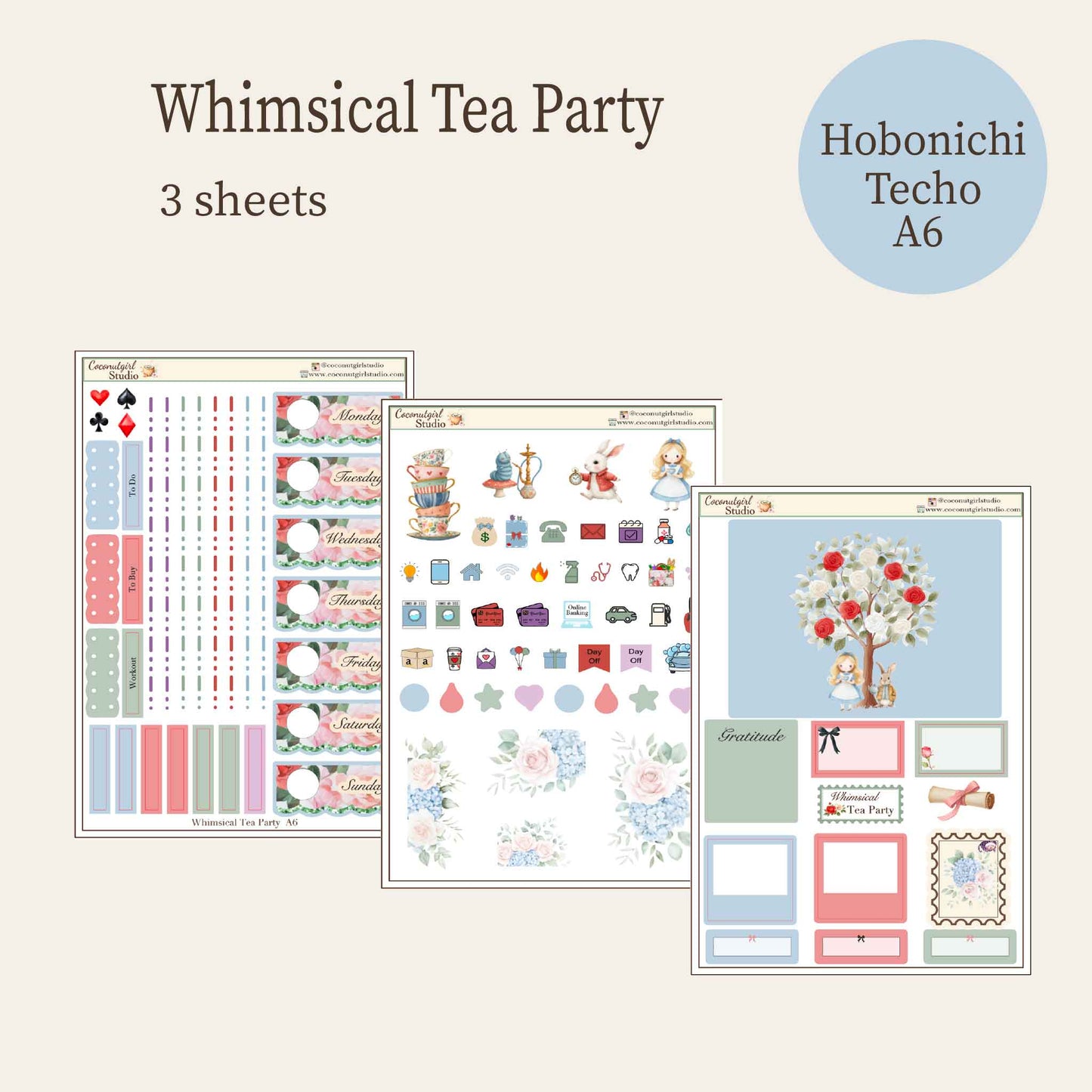 Whimsical Tea Party | Alice in Wonderland Inspired Weekly Planner Sticker Kit Hobonichi Techo A6