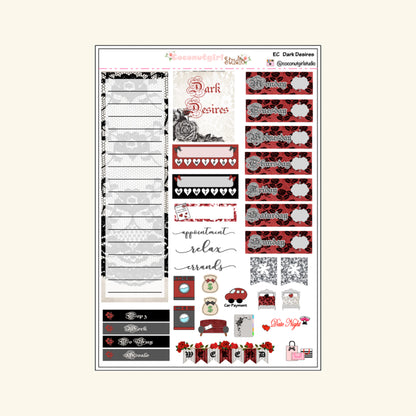 Red Black White Romantic Gothic Weekly Kit Planner Stickers | Dark Desires