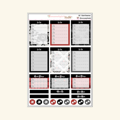 Red Black White Romantic Gothic Weekly Kit Planner Stickers | Dark Desires