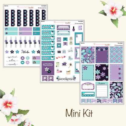 Black & Purple Plumeria Weekly Kit Planner Stickers | Floral Planning Set | Moonlight